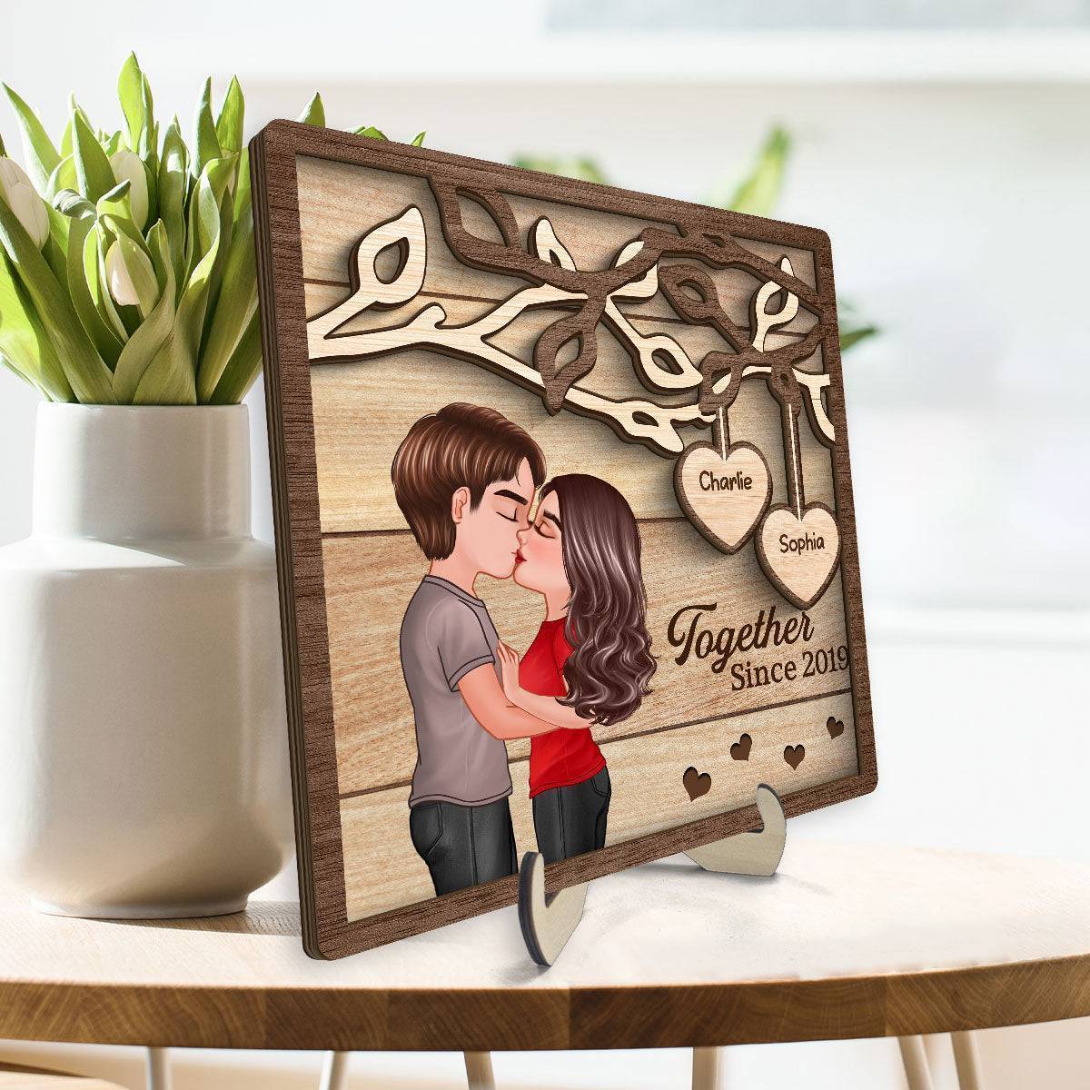 Enchanted Love - Personalized 'Couple Kissing Under Tree' Wooden Plaque - A Perfect Valentine's & Anniversary Gift for Him and Her