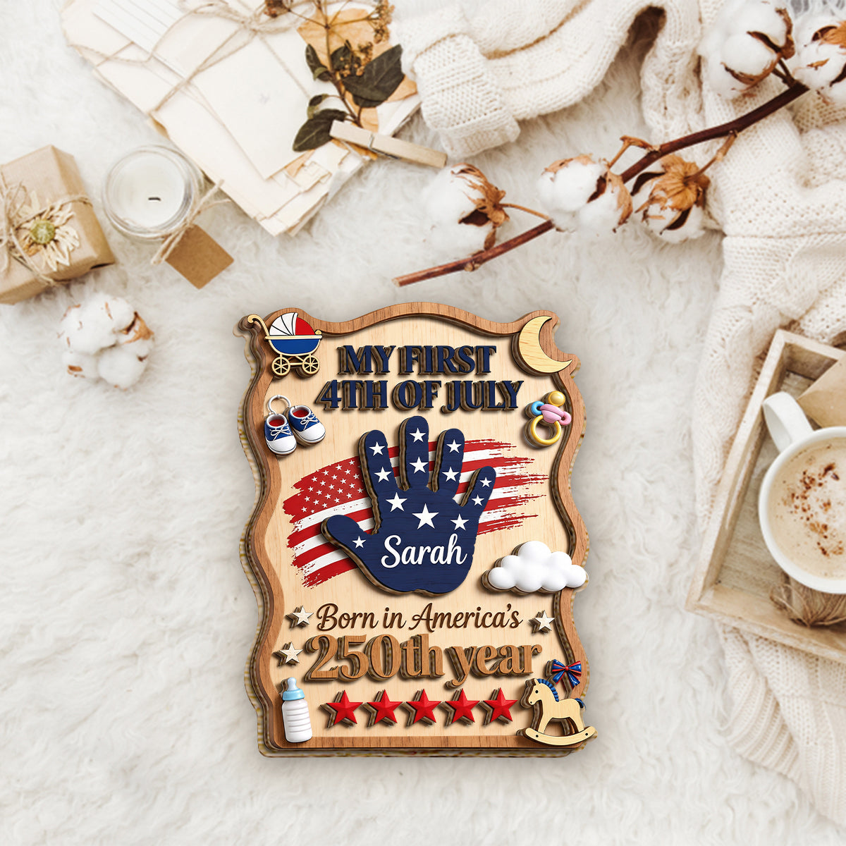 Born In America's 250th Year - Personalized Baby Shower 2 Layered Wood Sign / Wood Plaque
