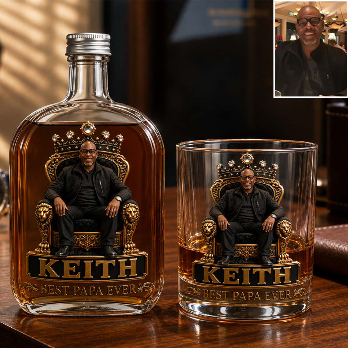 Gift For Black King, Custom Gift Father's Day - Personalized Father Whiskey Bottle & Glass
