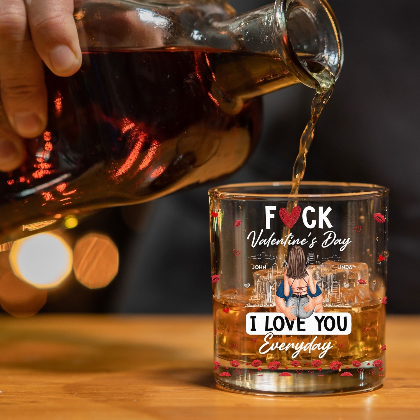 Personalized Whiskey Glass With Cheeky Valentine's Quote, Kissing Couple Design, Unique Gift For Husband Or Boyfriend