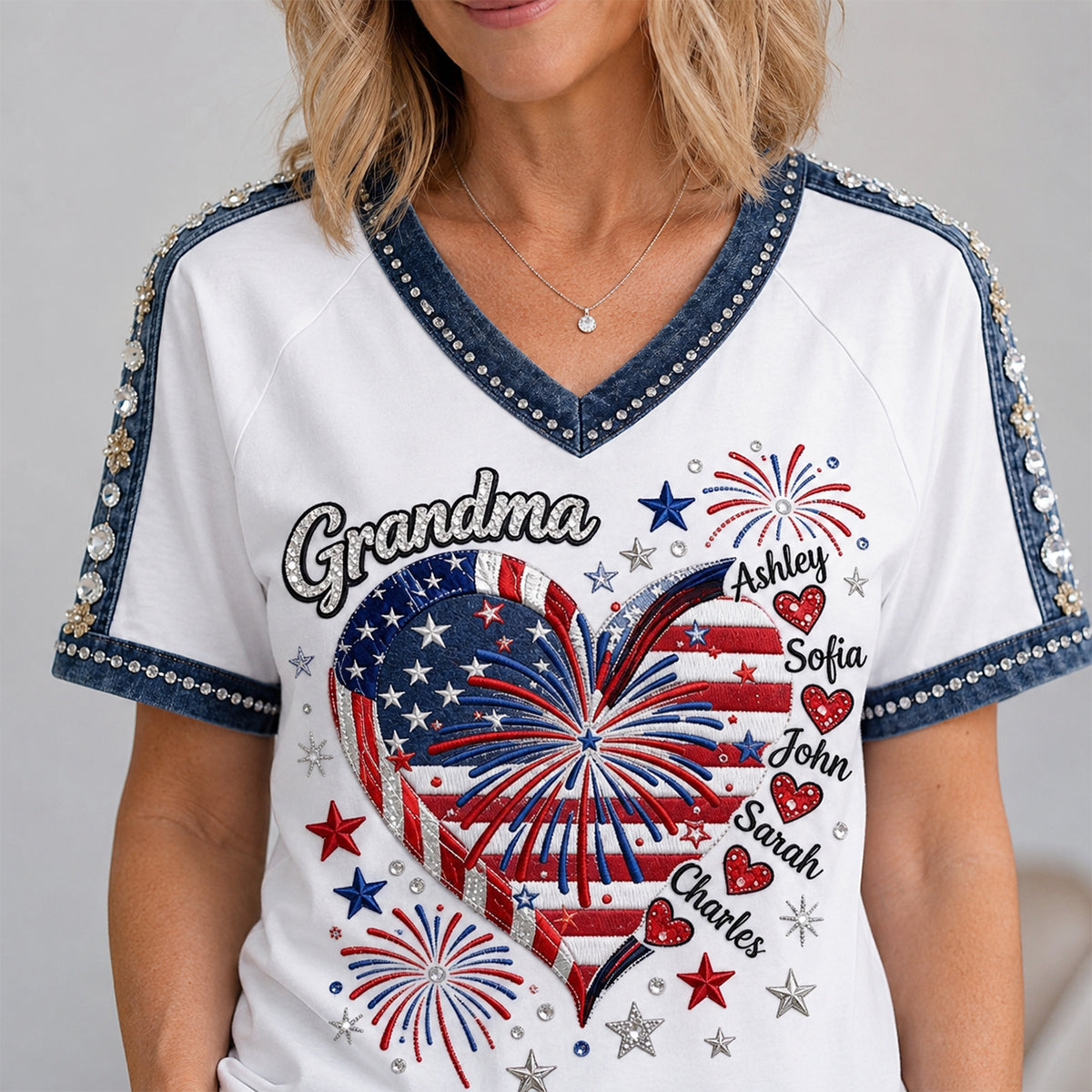 July 4th Grandma Sweethearts Shirt - Personalized Grandma Fully Printed V-Neck T-Shirt