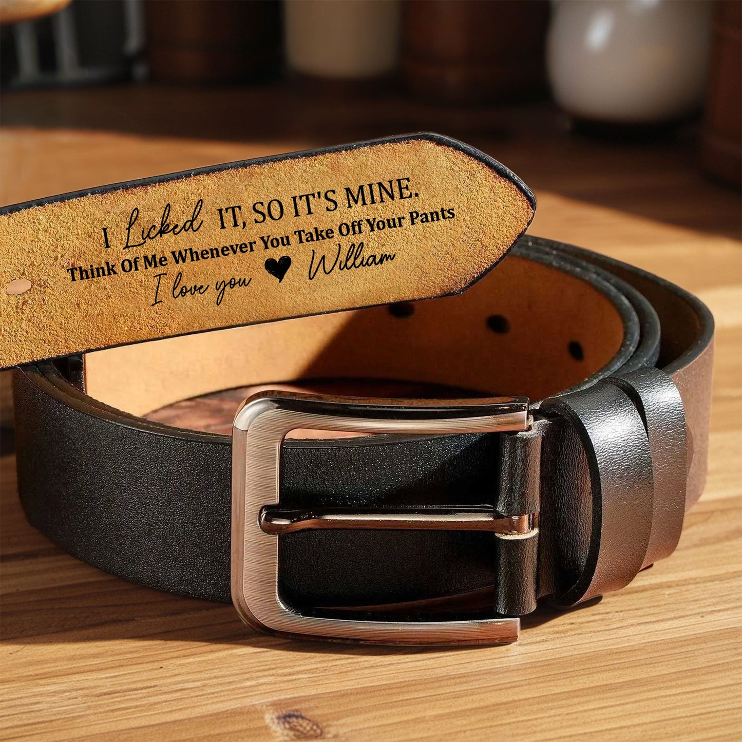 "Personalized Leather Belt – 'I Licked It, So It’s Mine' Custom Message – A Fun and Romantic Gift for Valentine’s Day or Special Occasions"