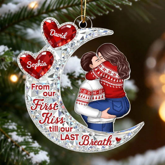 Custom Acrylic Ornament with Crescent Moon and Embracing Couple, Heartfelt From Our First Kiss Quote, Special Anniversary or Holiday Gift
