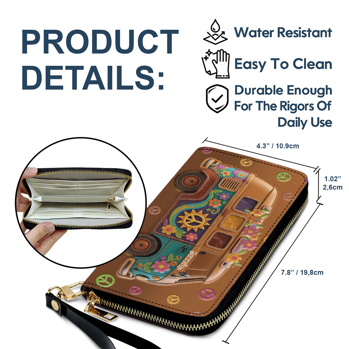 Floral Hippie Van - Personalized Hippie Leather Long Wallet