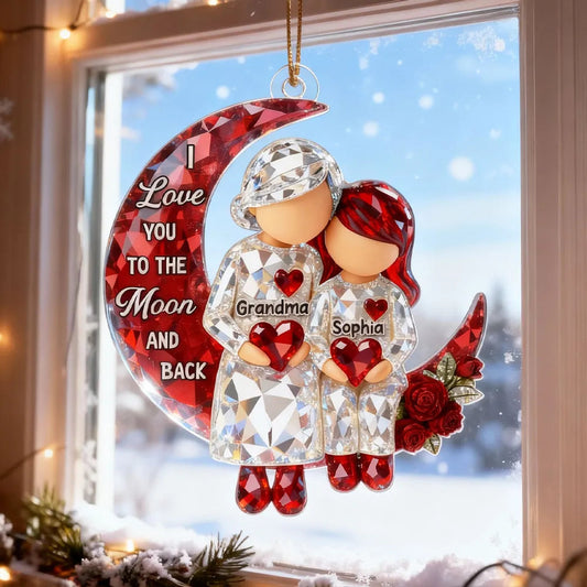 Acrylic Ornament Personalized Grandma and Grandkid Moon Hug Scene I Love You to the Moon and Back Sweet Holiday Gift