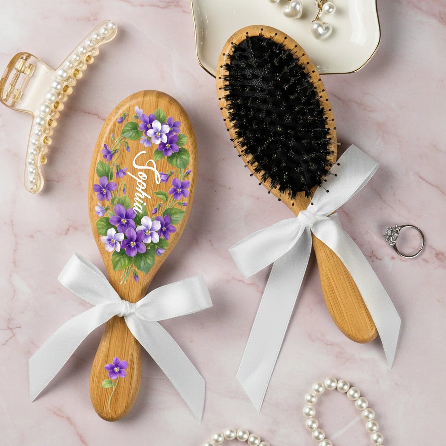 Personalized Wooden Hair Brush With Birth Flower Name Design, Vanity Decor, Unique Gift For Daughter Sister Mom