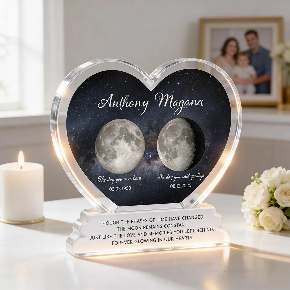Personalized Heart Shaped Acrylic Block Plaque Moon Phase Memorial Keepsake for Loved One Remembrance - Unique Sympathy Gift
