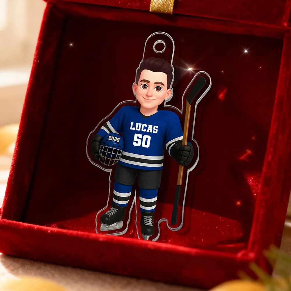Acrylic Ornament - Personalized Hockey Player Cartoon Holding Stick, Christmas Tree Decor, Unique Gift for Players & Fans