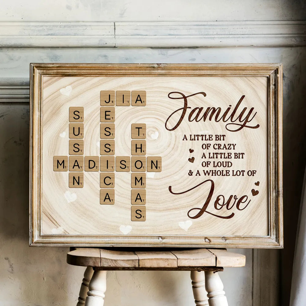 Personalized Family Crossword Poster Wall Art, Rustic Wood Look, Unique Gift for Mom for a Whole Lot of Love