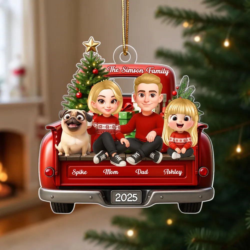 Acrylic Ornament — red truck Christmas family with tree & pup, cheerful décor for mantel or tree, sentimental keepsake, perfect gift