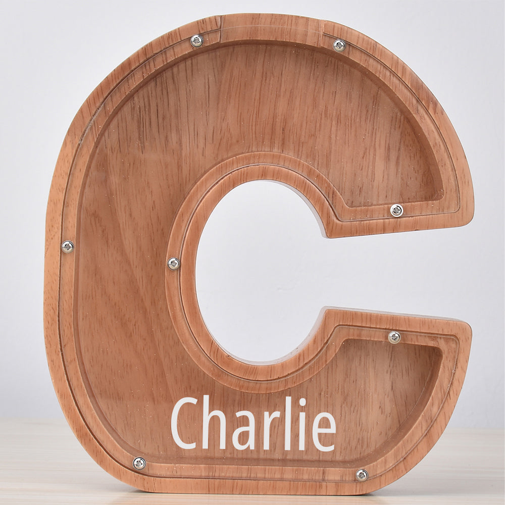 Custom Initial And Name - Personalized Letter And Name Oak Wooden Piggy Bank