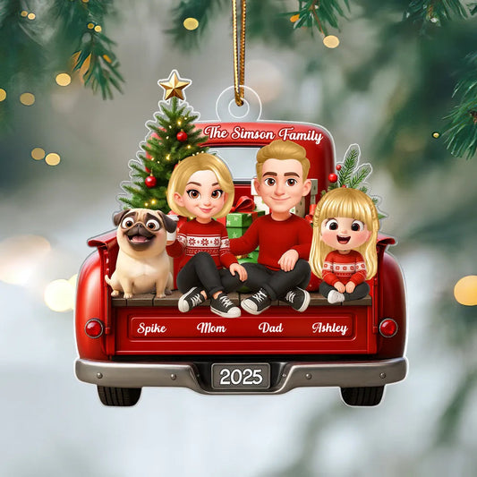 Acrylic Ornament — red truck Christmas family with tree & pup, cheerful décor for mantel or tree, sentimental keepsake, perfect gift