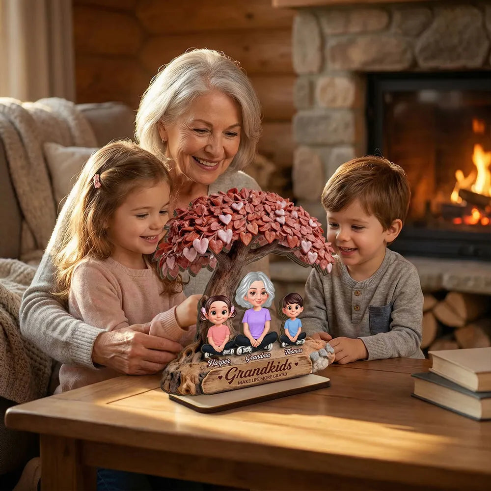 Personalized 2-Layer Wooden Plaque Grandma With Grandkids Under Heart Tree - Unique Family Keepsake Gift
