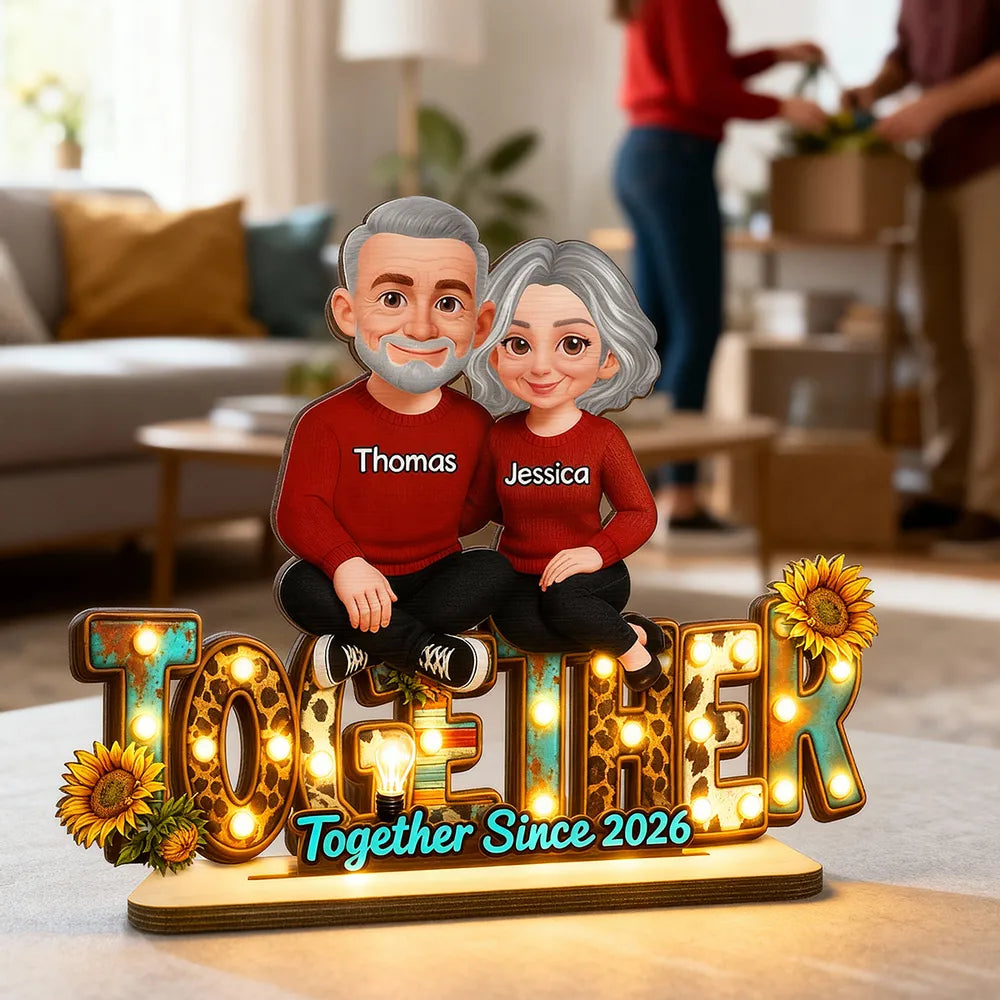 2-Layer Wooden Plaque with Cute Cartoon Couple Sitting Together, Sweet Home Decor Keepsake Gift