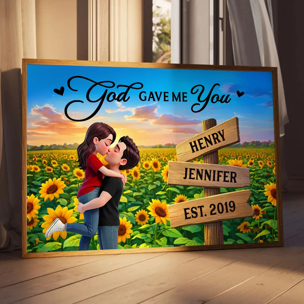 Romantic Personalized Poster for Couples, Hugging Kiss at Sunset Sunflower Field, Sweet Wall Art Gift for Her or Him
