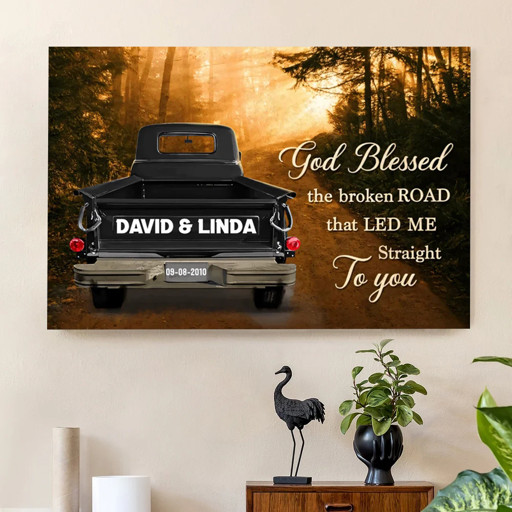 Vintage Truck Poster - 'God Blessed the Broken Road' Forest Art, Personalized Gift for Couples, Wedding or Anniversary