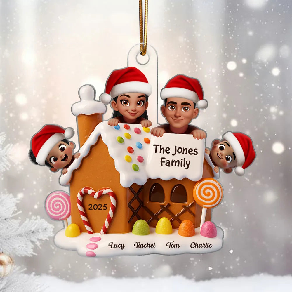 Christmas Gingerbread House Acrylic Ornament with Cute Cartoon Family Design, Warm Holiday Décor, Perfect Gift for Loved Ones