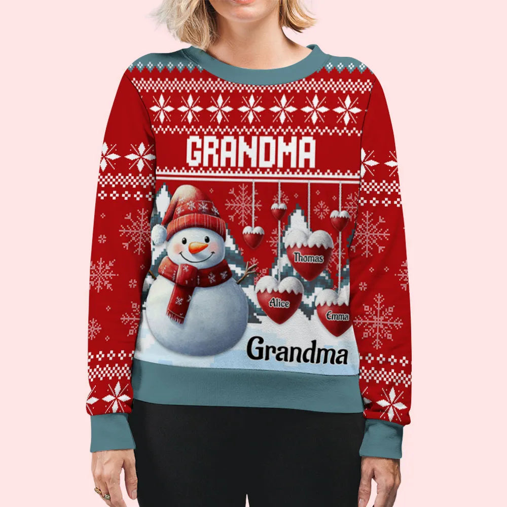 Personalized Snowman Grandma Printed Sweatshirt Christmas Gift, Cozy Holiday Jumper for Grandmother, Unique Family Keepsake