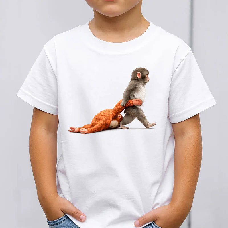 Personalized Classic Tee with Baby Monkey Punch Journey Graphic, Cute Animal Lover Gift for Everyday Smiles