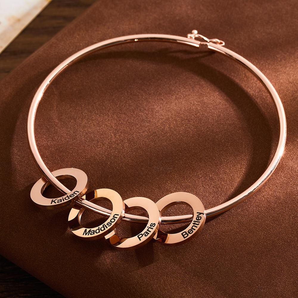 Any Name - Personalized Family Bangle Bracelet with Heart/Round Pendants
