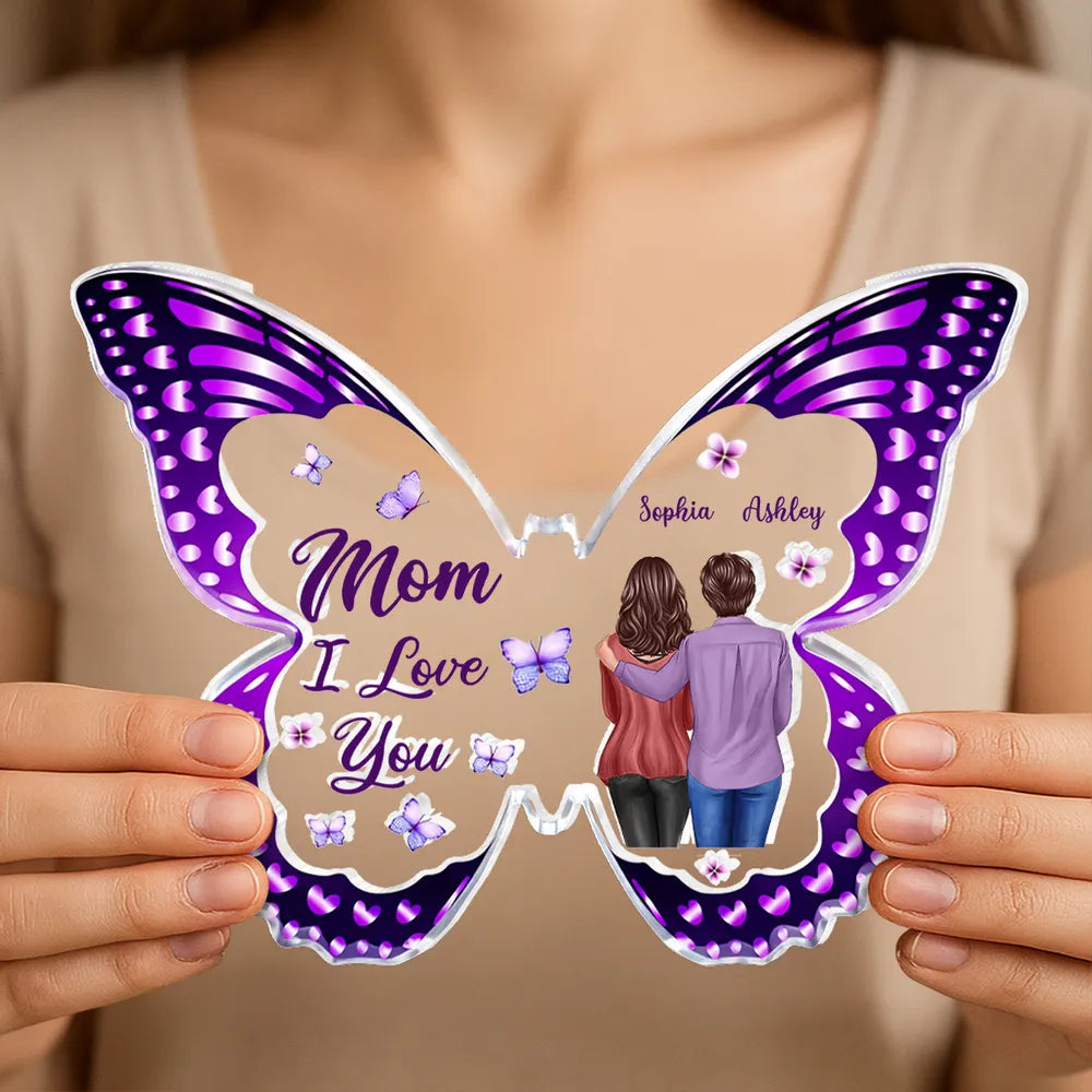Personalized Butterfly Shaped Acrylic Block Plaque, Mom I Love You Gift, Hugging Mom & Daughter Keepsake for Shelf Decor