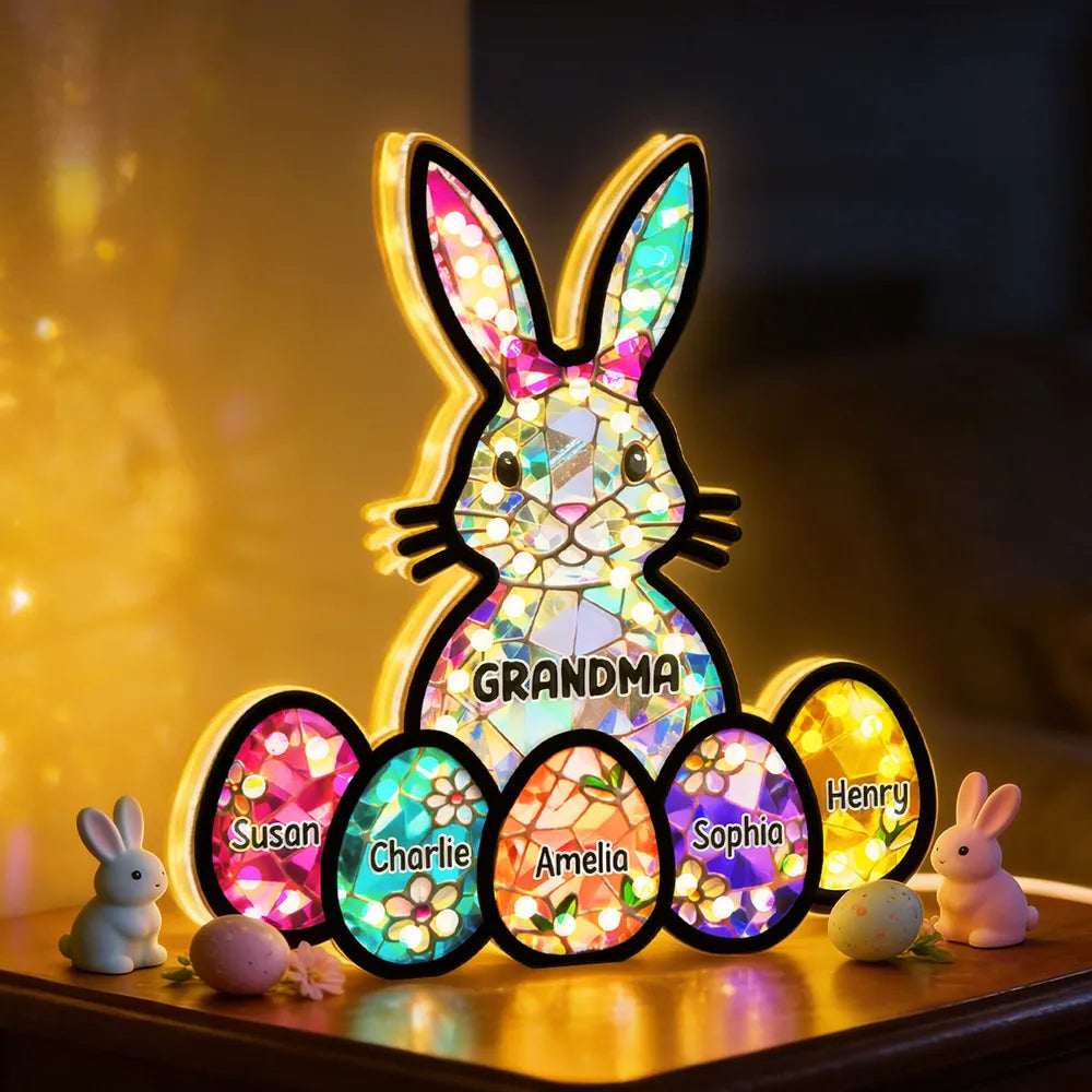 Wooden Acrylic Suncatcher Night Light Mosaic Bunny for Grandma - Personalized Easter Decor That Glows as a Unique Gift