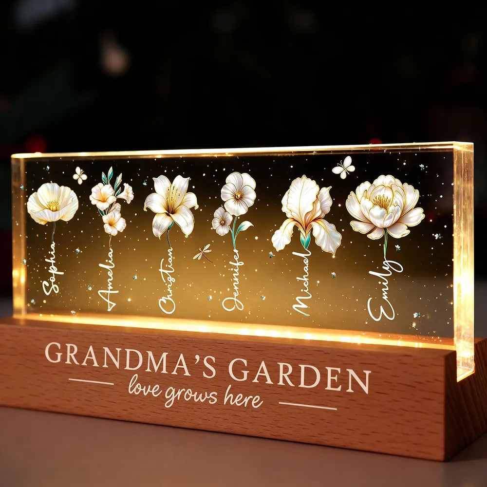 Grandma's Garden Block LED Light Plaque with Birth Month Flowers, Warm Glow Decor, Personalized Unique Gift for Grandma