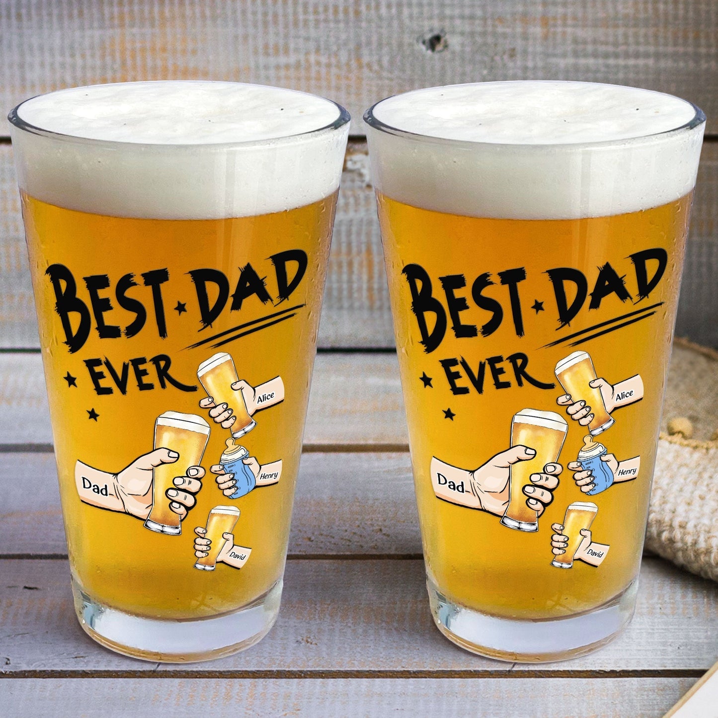 “Best Dad Ever” Personalized Beer Glass – Custom Cheers Design with Kid Names