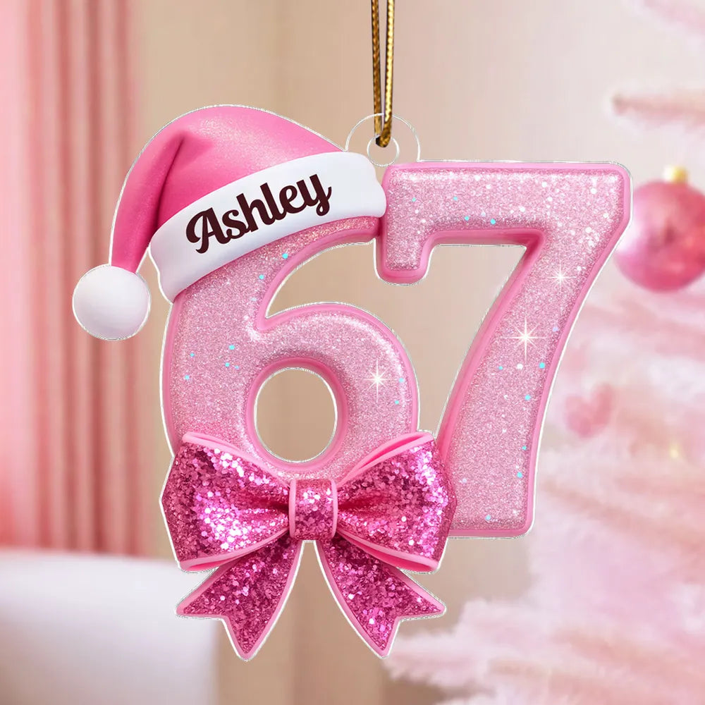 Custom Acrylic Ornament in Pink Glitter Number Style, Festive Santa Hat & Big Bow, Sweet Holiday Keepsake Gift for Grandkids