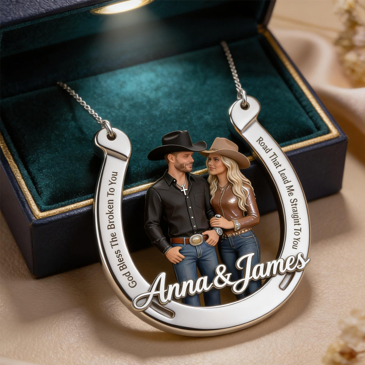 God Bless The Broken Road - Personalized Western Outfit Shaped Metal Pendant Necklace