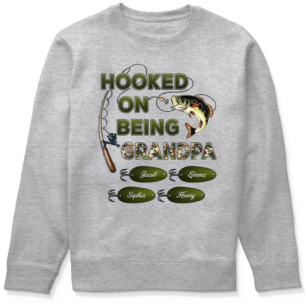 "Personalized Grandpa Fishing T-Shirt/Hoodie - Hooked on Being Grandpa - Ideal Father's Day or Birthday Gift"
