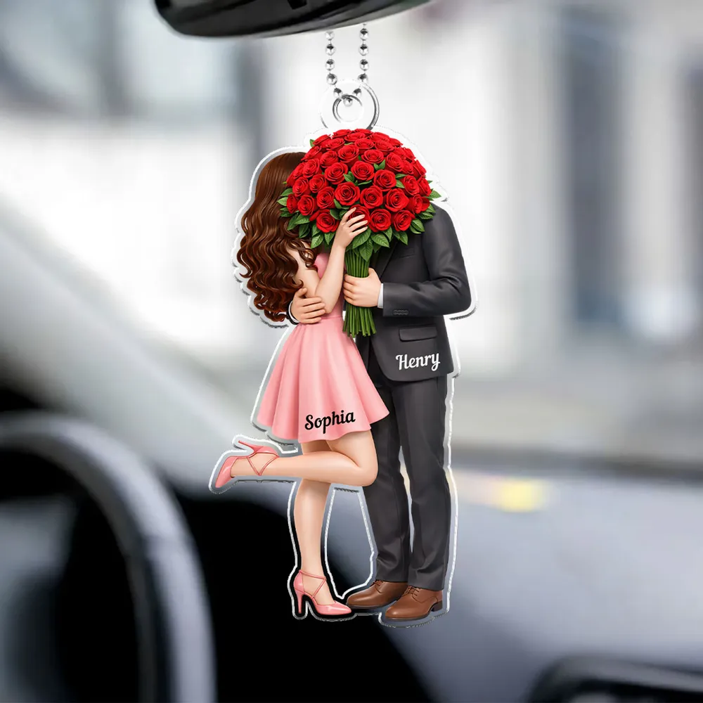 Personalized Acrylic Car Hanger Elegant Couple Hugging with Red Roses, Romantic Rearview Mirror Decor, Unique Gift for Couples