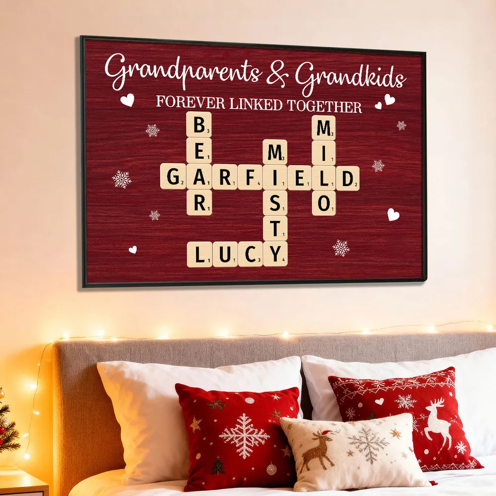 Personalized Grandparents & Grandkids Poster, Crossword Wall Art Keepsake, Cozy Red Decor, Unique Gift for Christmas or Birthdays