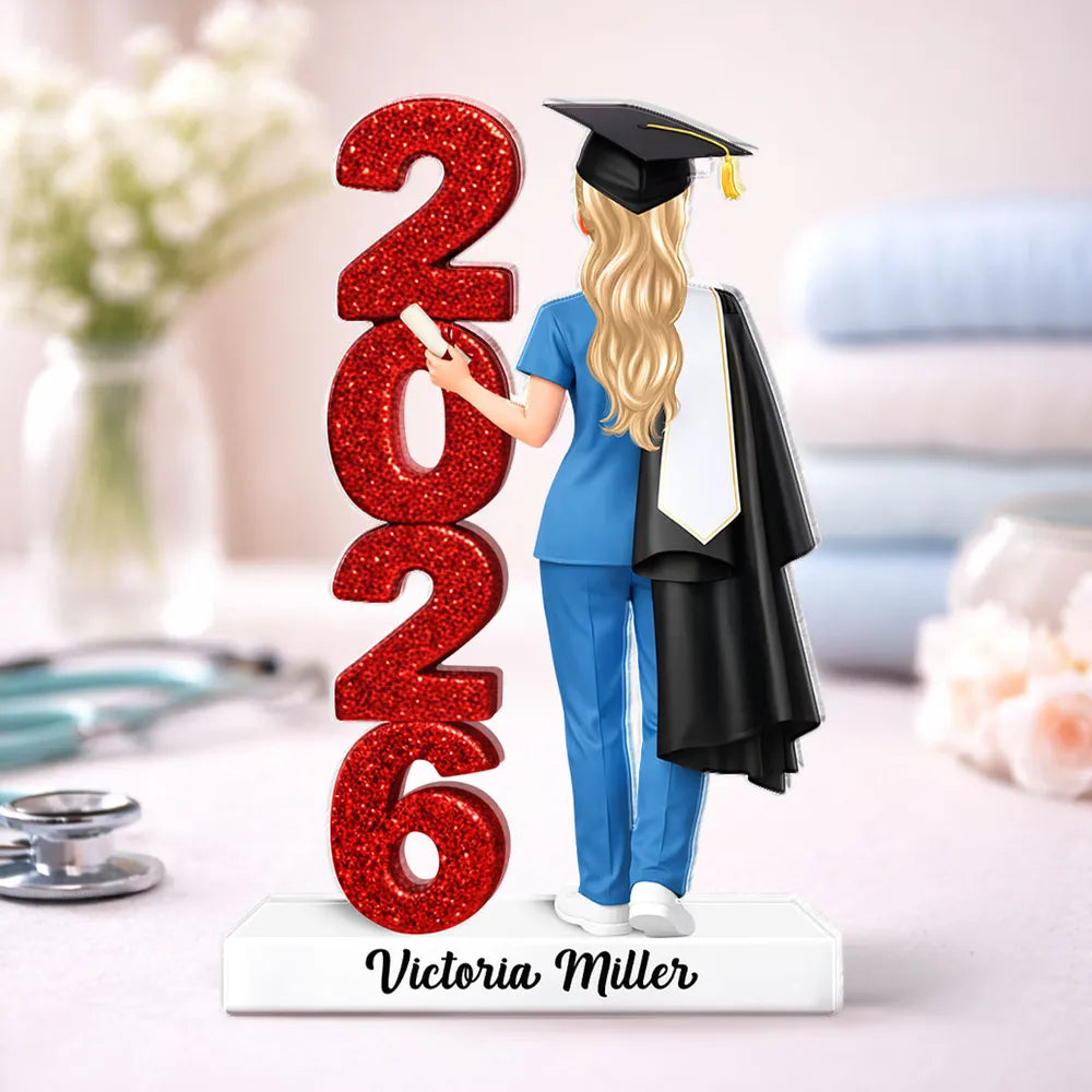 Personalized Shaped Acrylic Block Plaque Class Graduation Keepsake, Nurse Grad in Cap Holding Diploma, Unique Gift