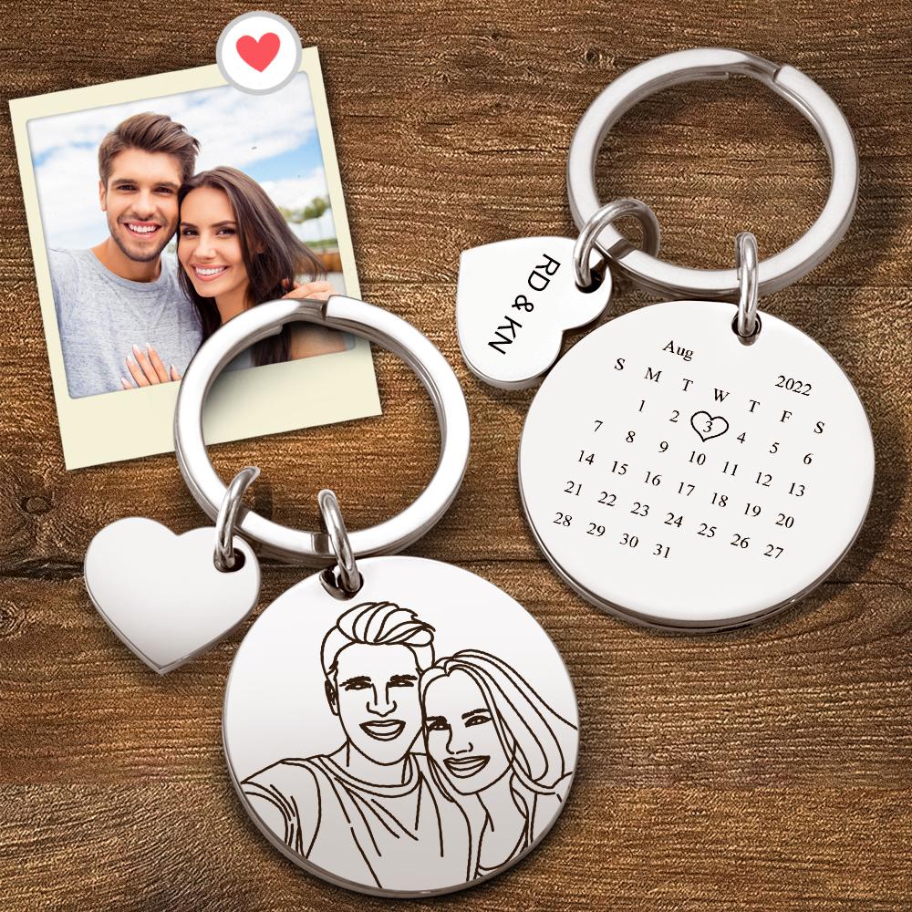 Custom Engraved Line Art Photo Calendar For Family, Couple, Besties - Personalized Keychain
