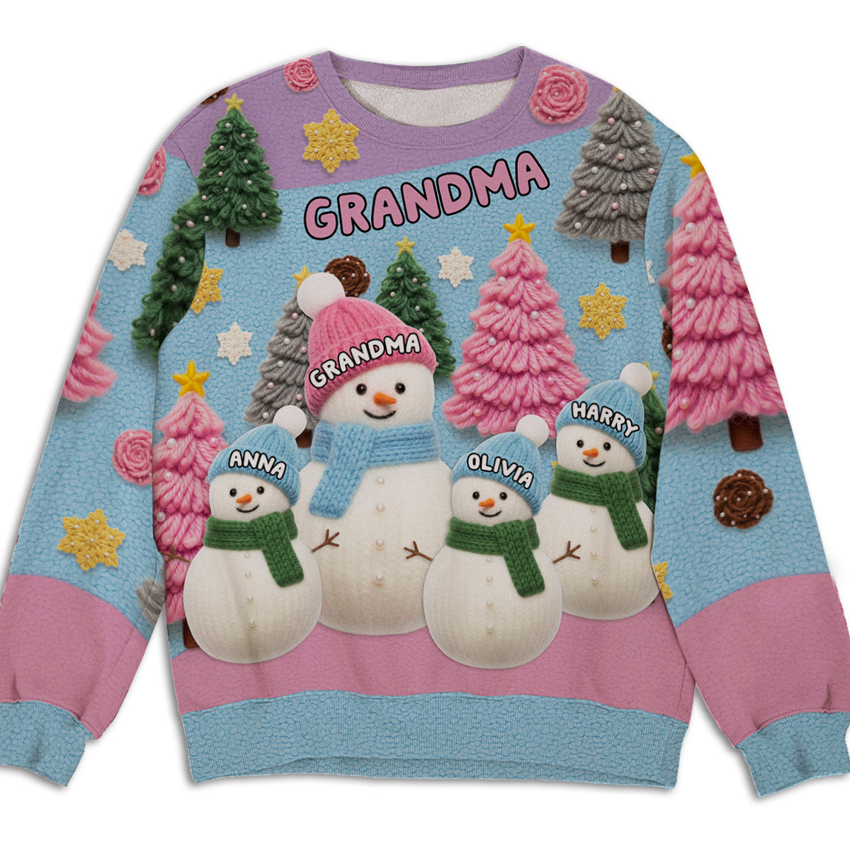 Printed Sweatshirt with Snowman Family All-Over Print, Christmas Trees, pastel winter vibe, a unique gift for Grandma