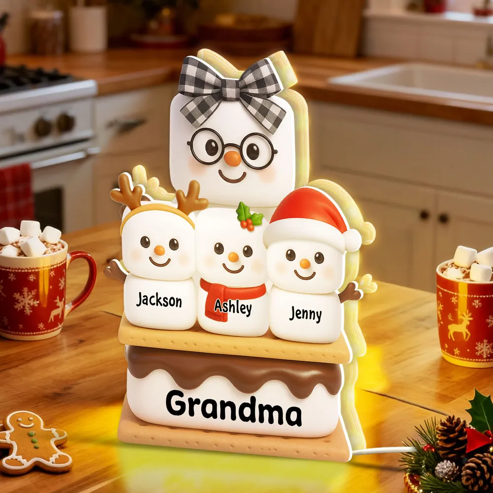 Personalized Acrylic Light Box - Cute S'mores Marshmallow Stack with Santa Hats & Warm Glow - Unique Gift for Grandma