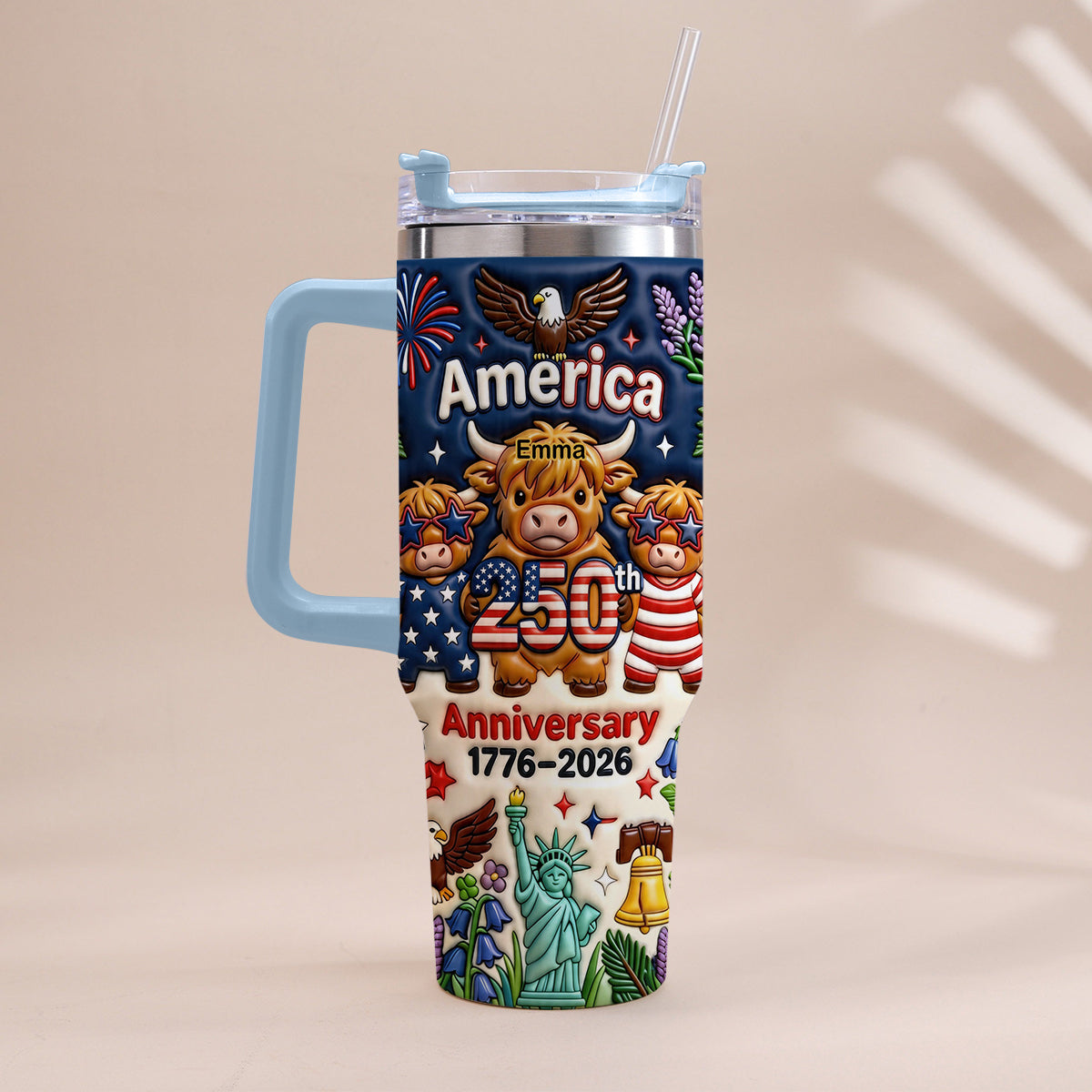 Cute Highland Cow America 250th Anniversary - Personalized Highland Cow Tumbler With Handle