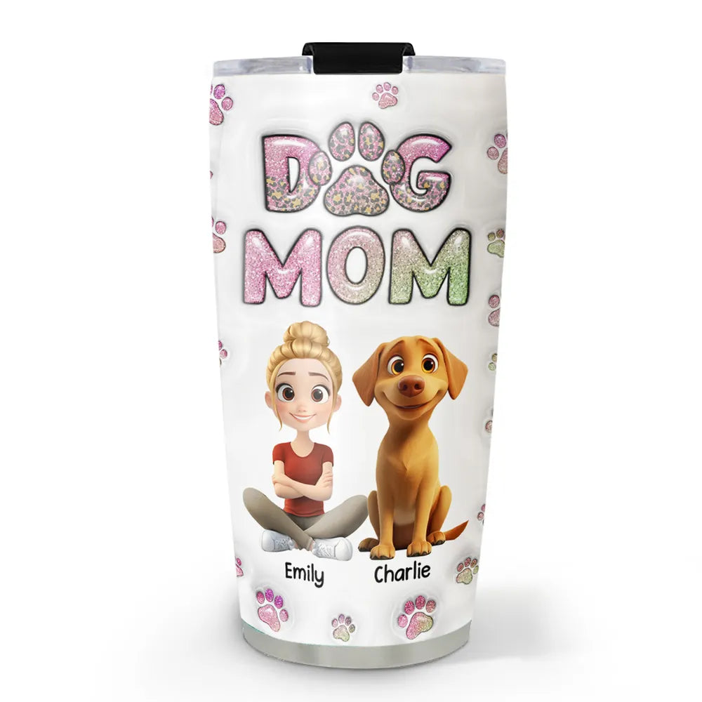 Insulated Travel Tumbler – Cartoon Dog & Mom, Glitter “DOG MOM” Paw Design, Personalized Gift