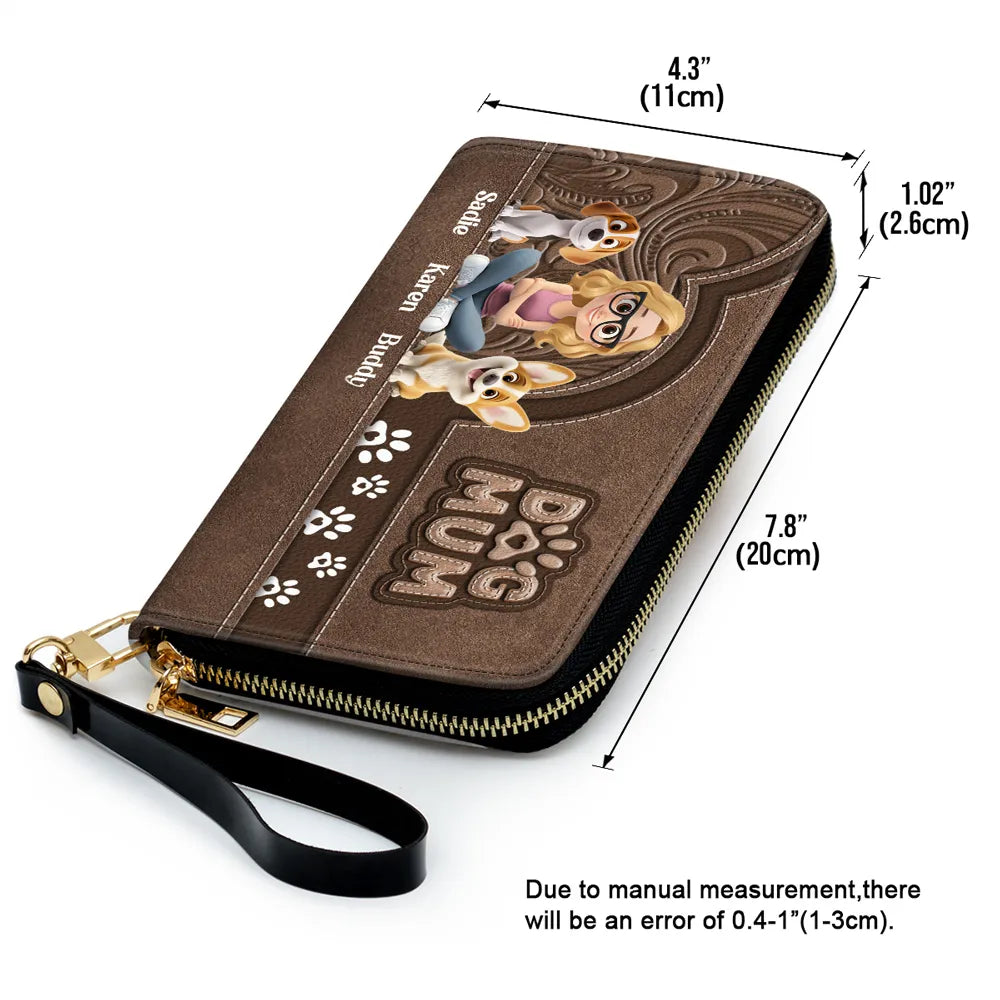 Custom Leather Long Wallet for Dog Moms – Adorable Pet Illustration with Name Personalization