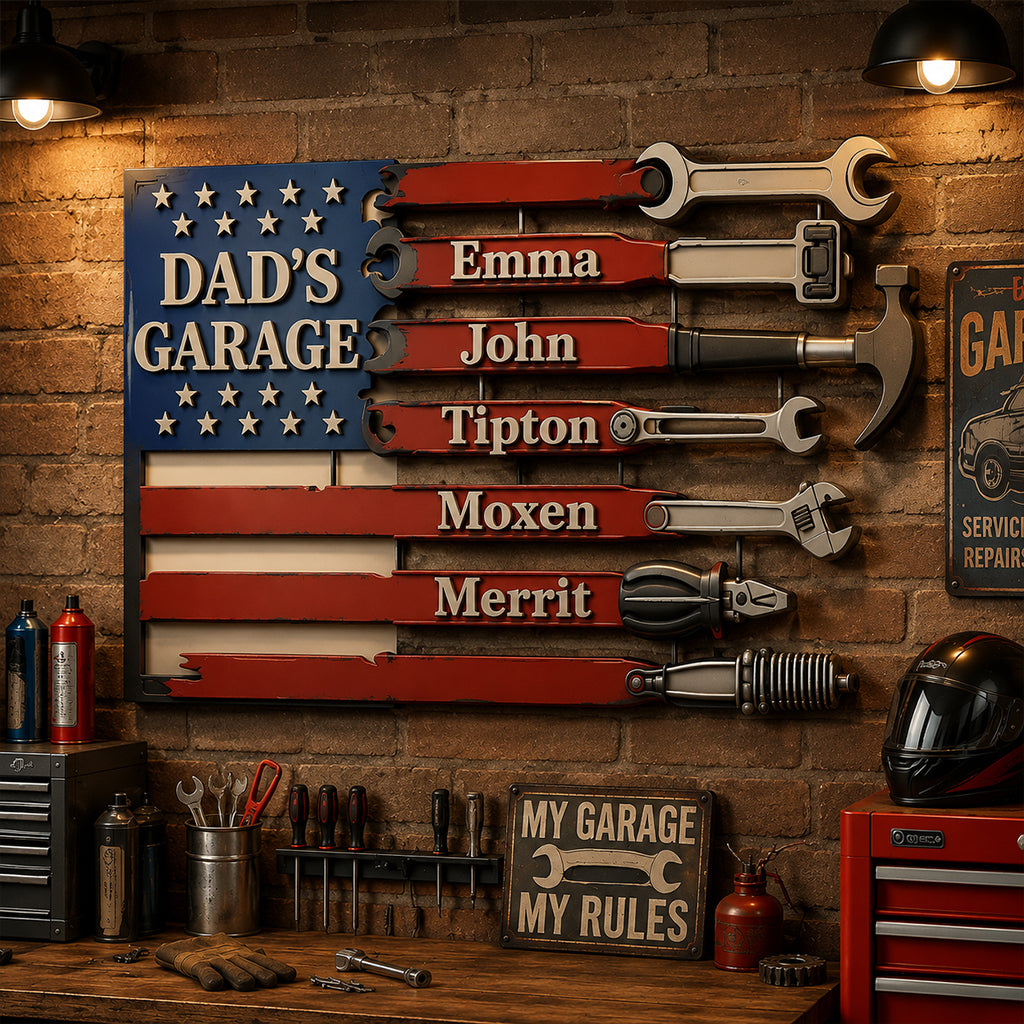 Dad's Garage Flag Wall Art - Personalized Father Cut Metal Sign