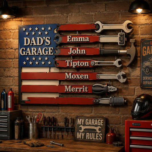Dad's Garage Flag Wall Art - Personalized Father Cut Metal Sign