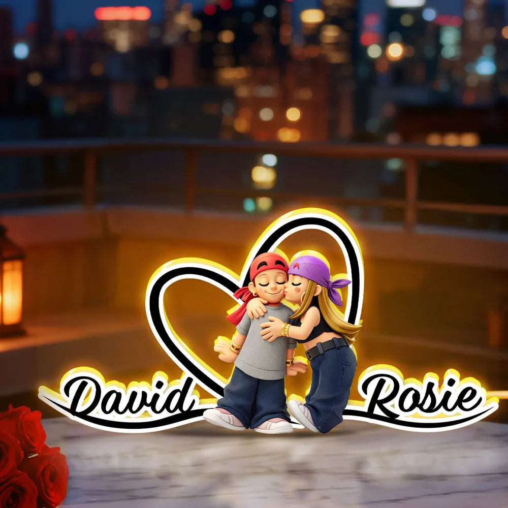 Personalized Acrylic Light Box Y2K Cartoon Couple Kissing Nightstand Decor, Warm Glow Unique Gift for Him or Her