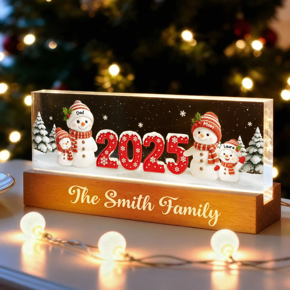 Family Snowman Block LED Light Plaque, Personalized Acrylic Night Light for Christmas, Warm Glow Decor, Unique Gift for Husband or Wife