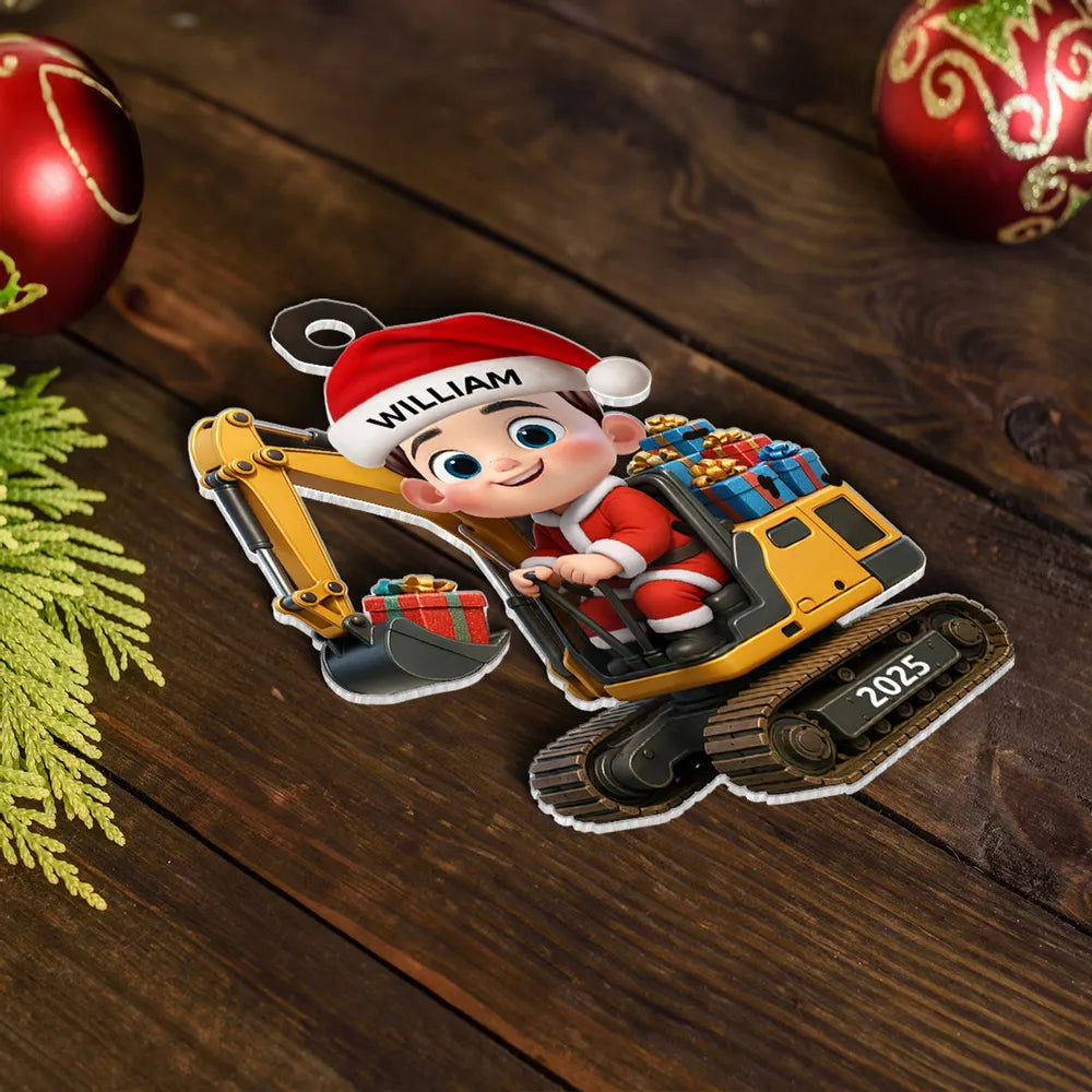 Christmas Acrylic Ornament with Cute Excavator and Santa Kid – Festive Decoration & Perfect Gift for Children