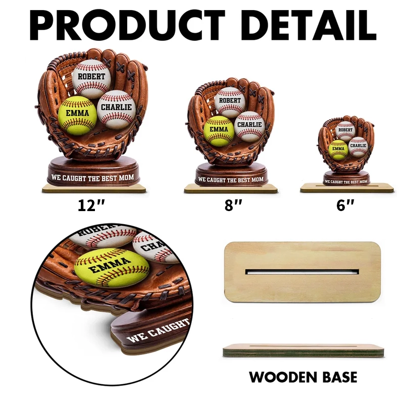 We Caught The Best Mom Personalized 2-Layer Wooden Plaque, Baseball Glove Keepsake for Living Room Display Gift