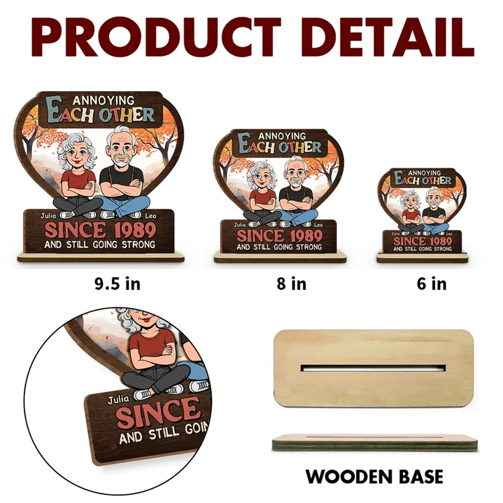 Personalized 2-Layer Wooden Plaque With Cartoon Couple Sitting Back to Back - Unique Funny Gift With Heartwarming Message