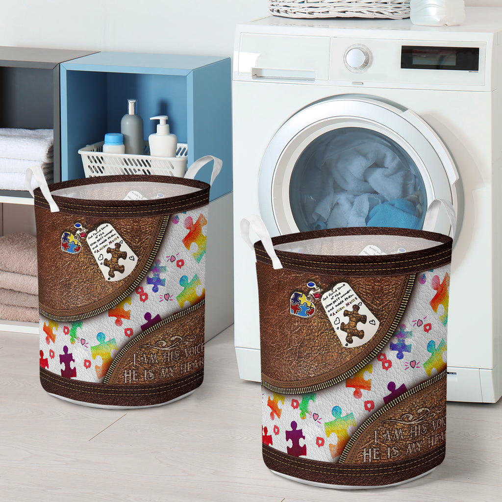 I Am His Voice He Is My Heart Leather Pattern Print Autism Awareness Storage Basket 0622
