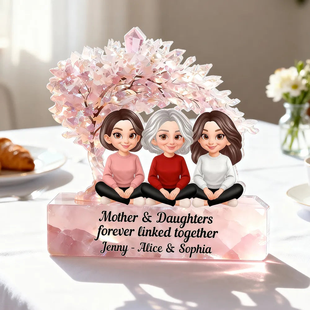 Personalized Shaped Acrylic Block Plaque, Mother & Daughters Under Pink Blossom Tree, Unique Gift for Mom