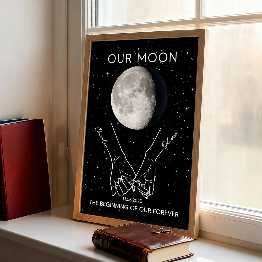Personalized Moon Phase Couple Holding Hands Line Art Poster, Romantic Starry Night Wall Decor, Unique Gift